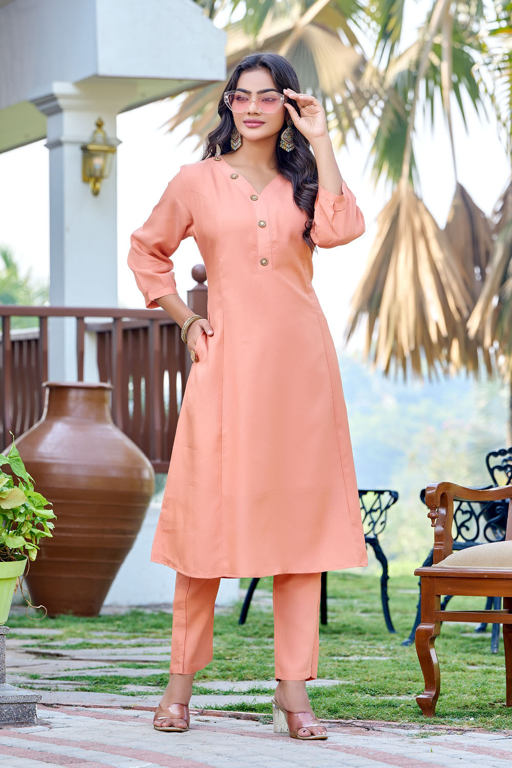 Peach Button Detail Art Silk Co Ord Set