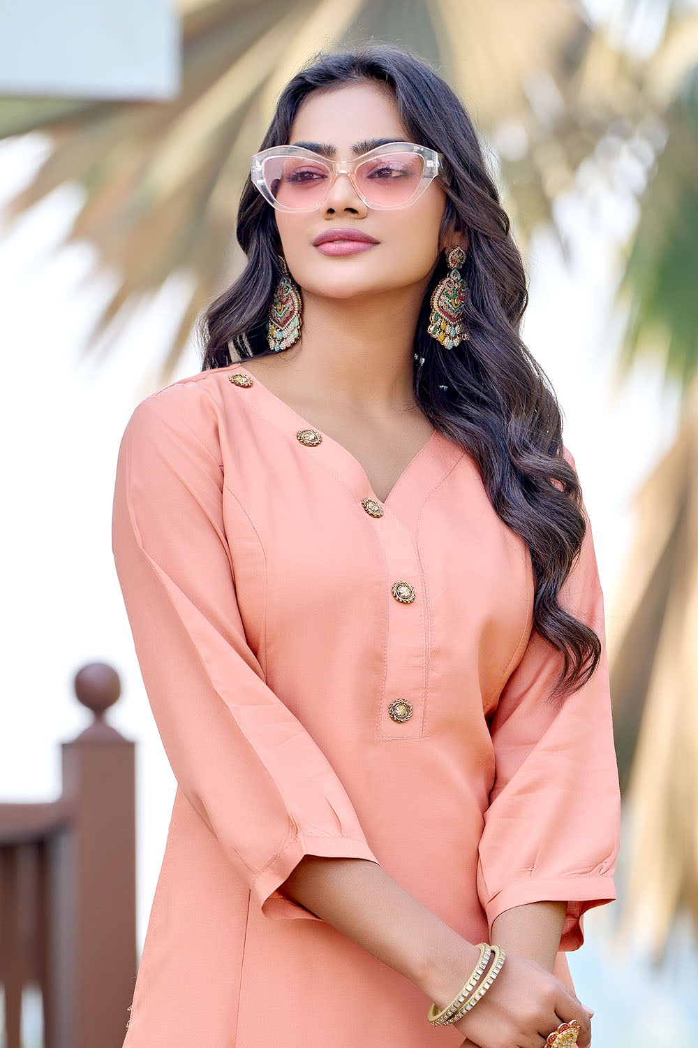 Peach Button Detail Art Silk Co Ord Set