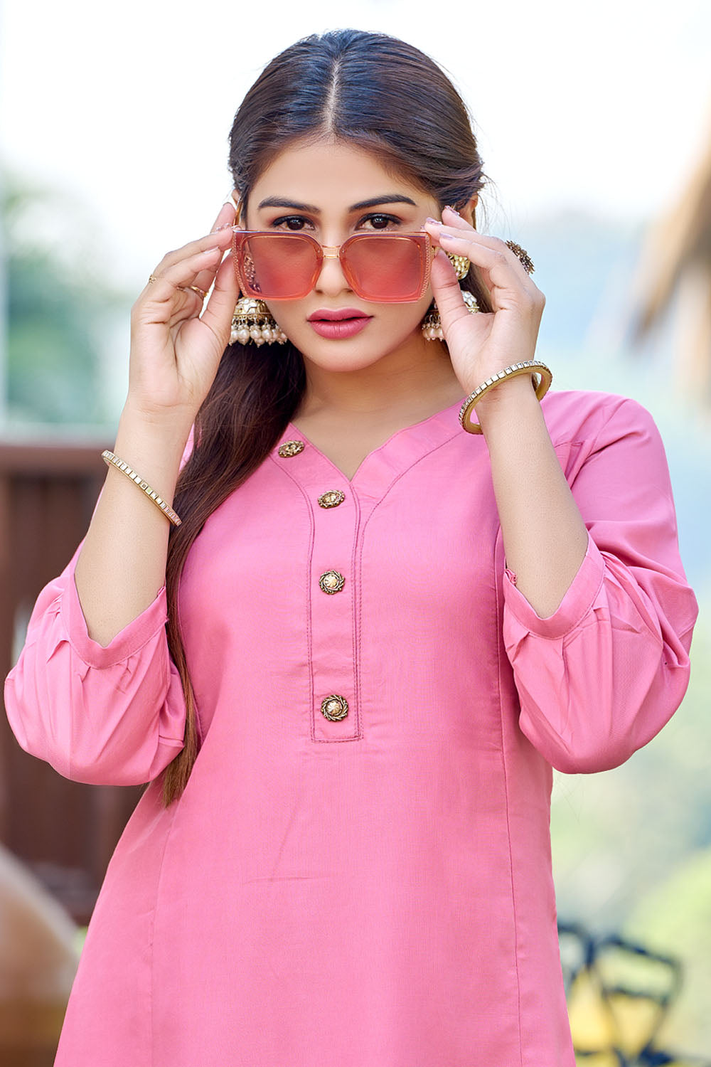 Dark Pink Button Detail Art Silk Co Ord Set
