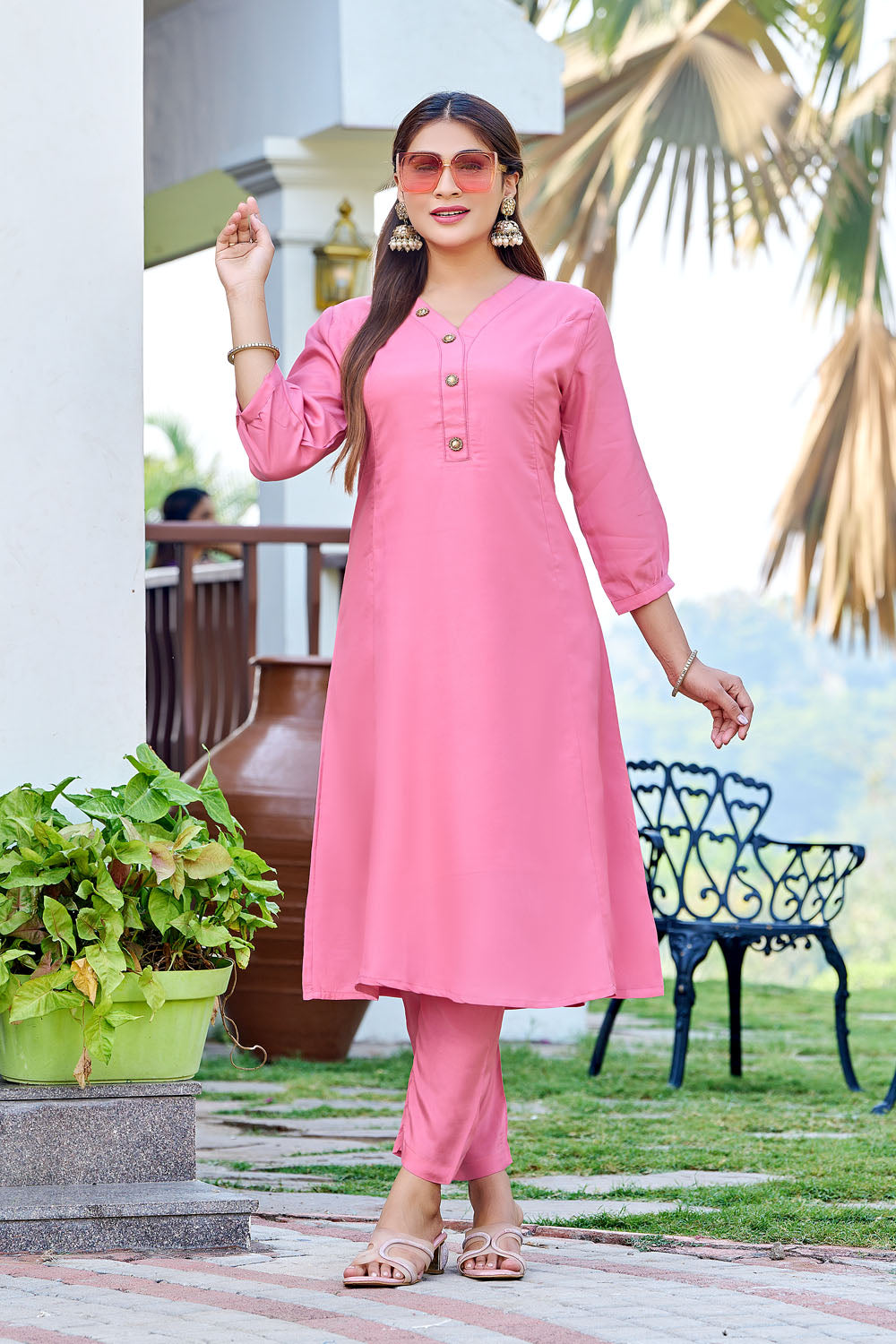 Dark Pink Button Detail Art Silk Co Ord Set