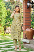 Olive Green Geometric Mirror Work Cotton Kurta Set for Women