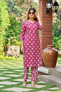 Pink Floral Digital Print Cotton Kurta Set For Women