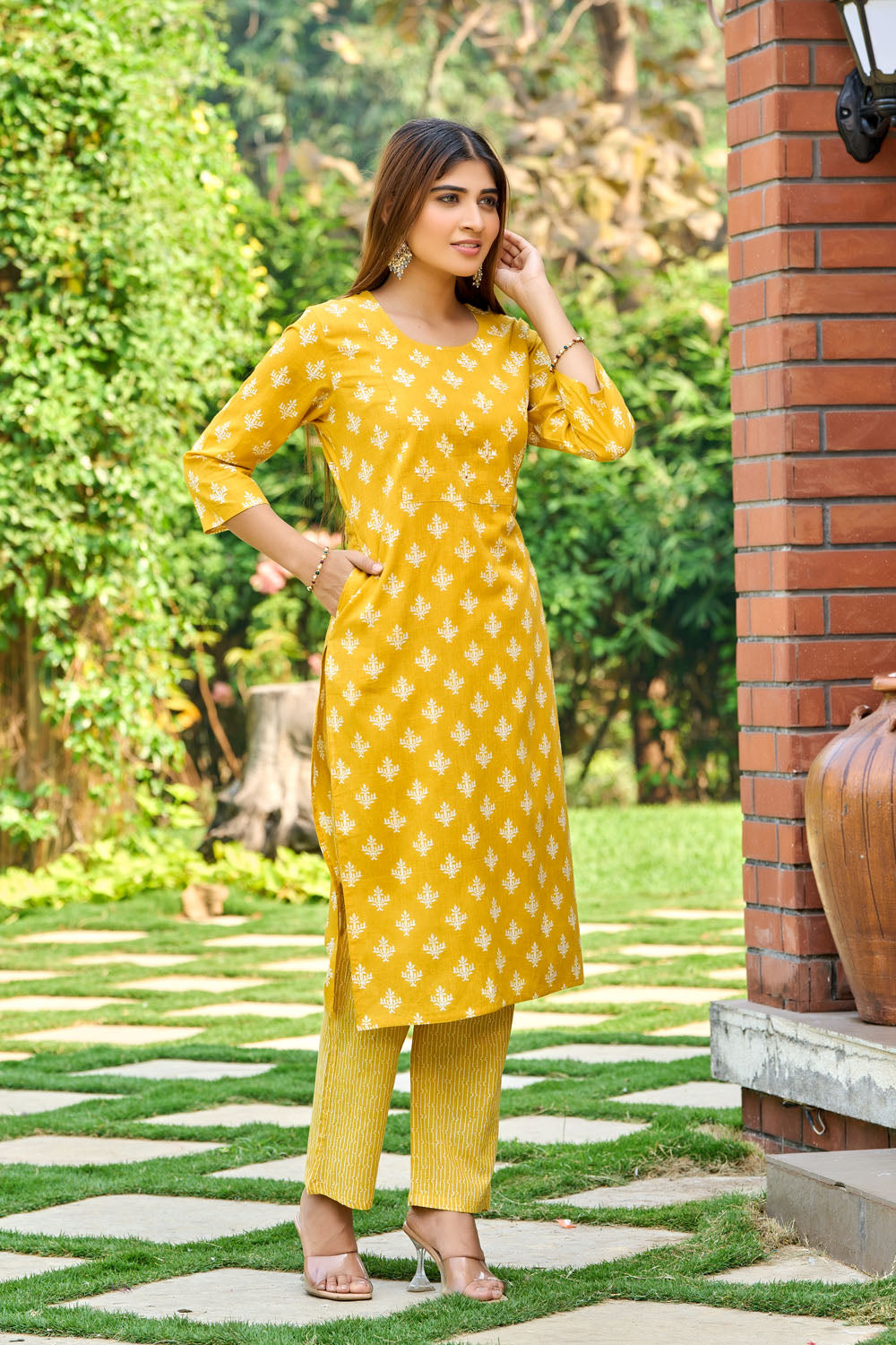 Mustard Yellow Floral Cotton Kurta Set with Dupatta