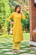 Mustard Yellow Floral Cotton Kurta Set with Dupatta