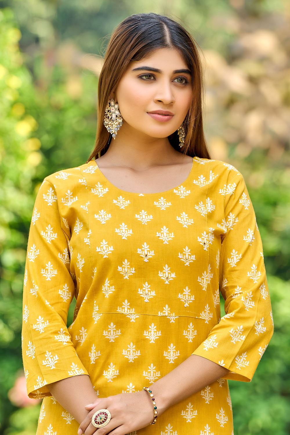 Mustard Yellow Floral Cotton Kurta Set with Dupatta
