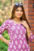 Lavender Floral Hand Block Print Cotton Kurta Set With Printed Palazzo