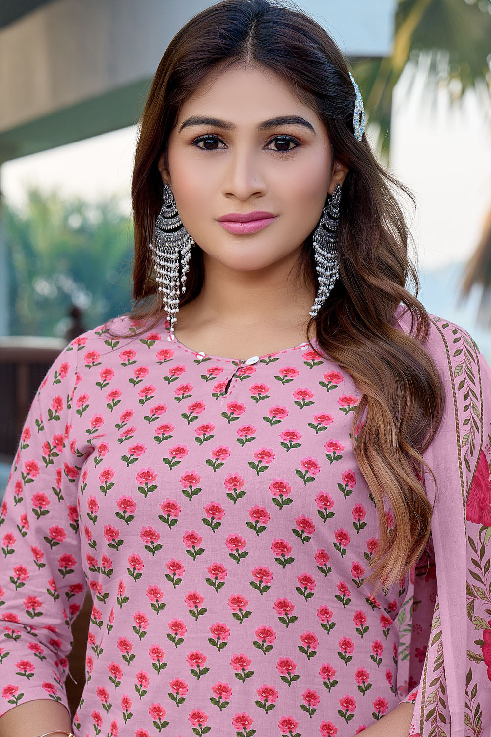 Soft Peach Flora Cotton Print Handwork Kurta 3 Pieces Set