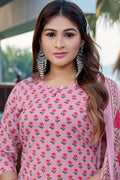 Soft Peach Flora Cotton Print Handwork Kurta 3 Pieces Set