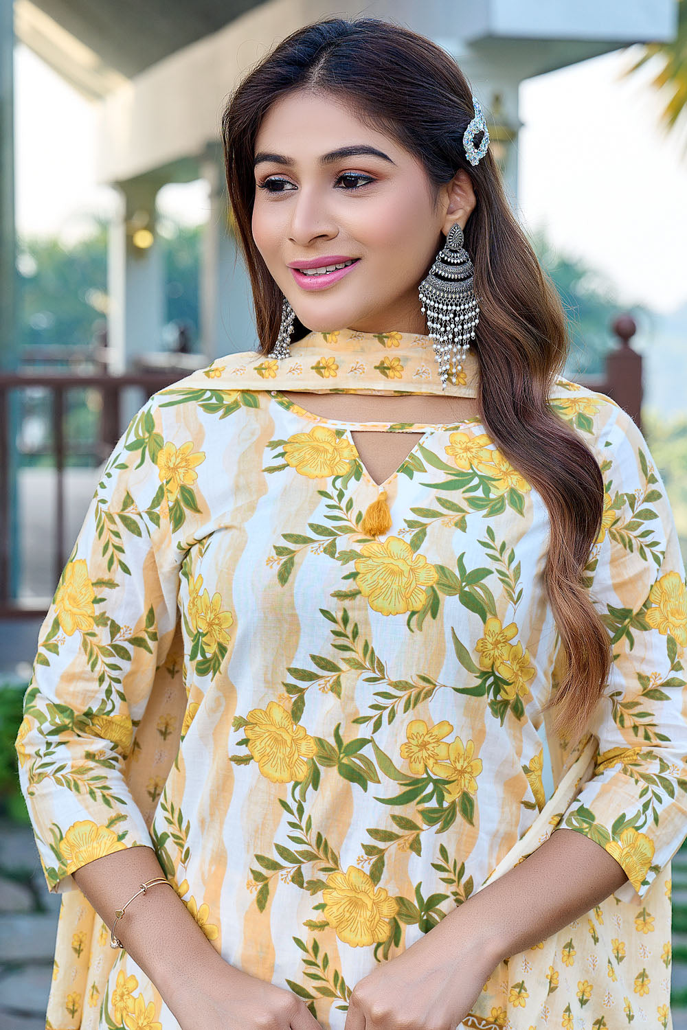 Light Yellow Floral Cotton Print Handwork Kurta Set with Dupatta for Women