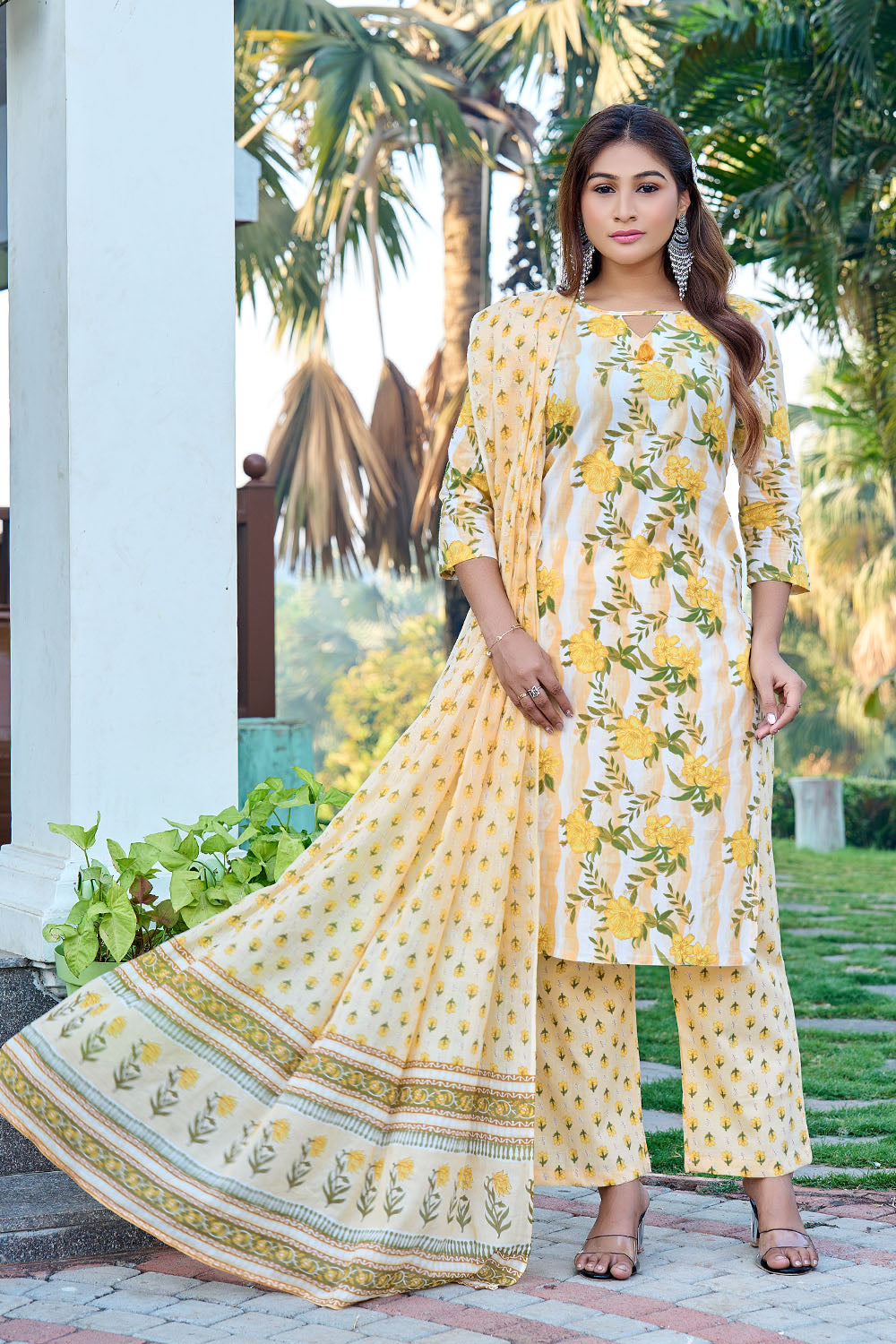Light Yellow Floral Cotton Print Handwork Kurta Set with Dupatta for Women