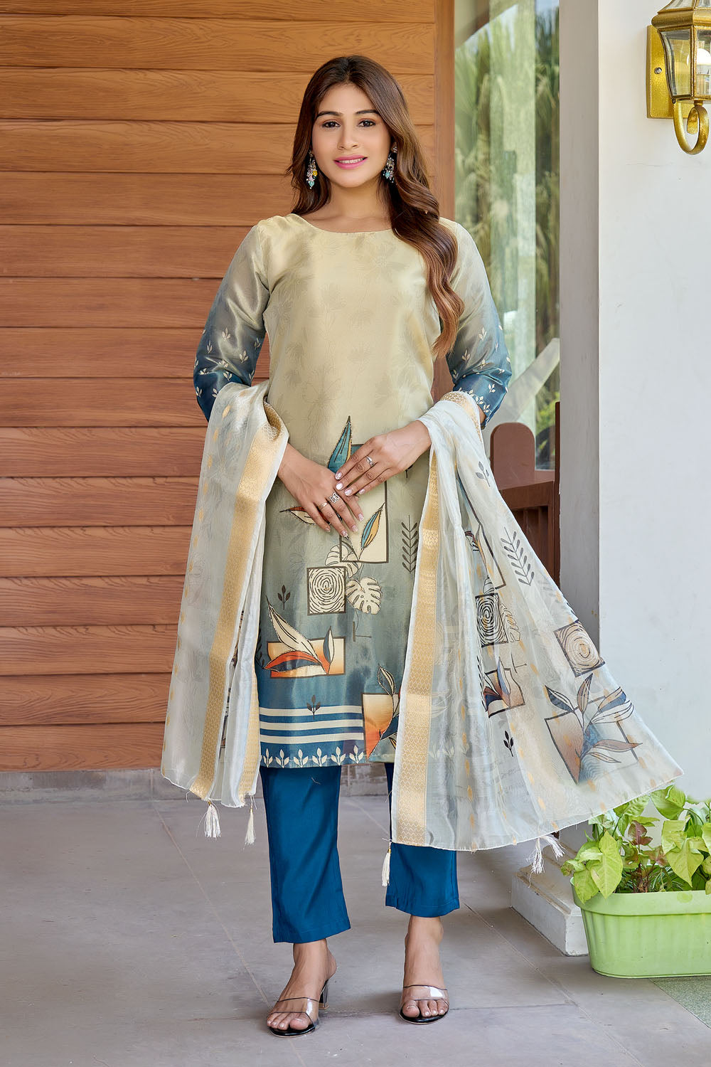 Ivory Botanical Handwork Anarkali Set With Dupatta