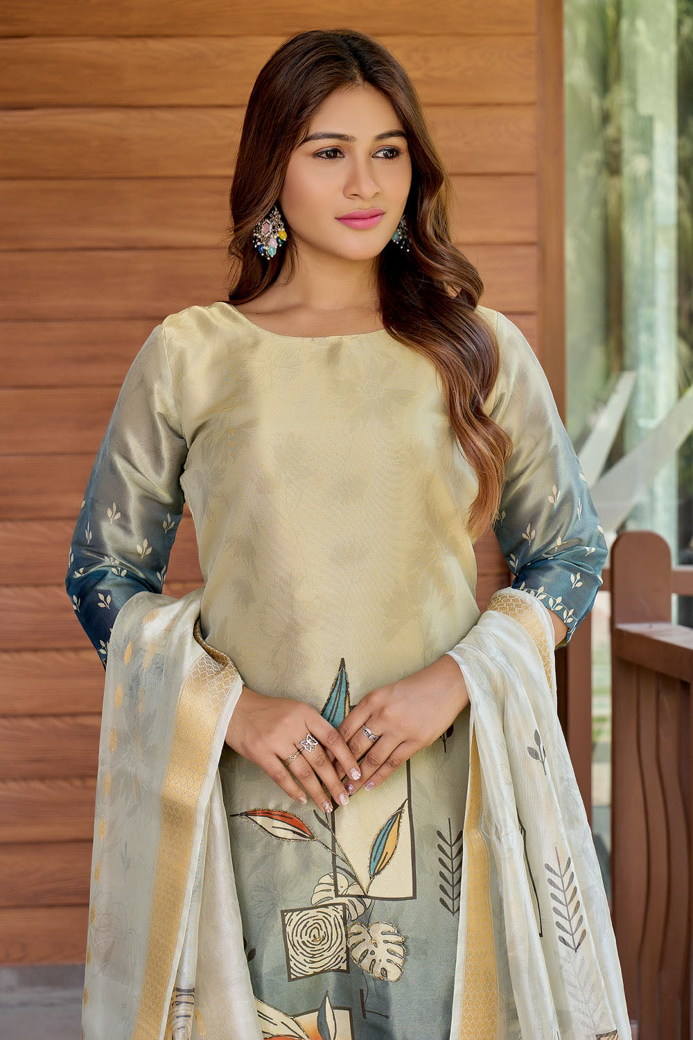 Ivory Botanical Handwork Anarkali Set With Dupatta