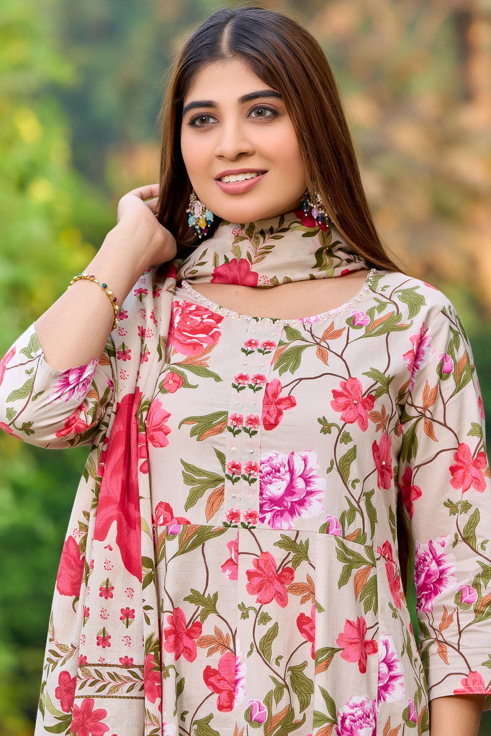 Off White Floral Cotton Handwork Kurta Set with Dupatta