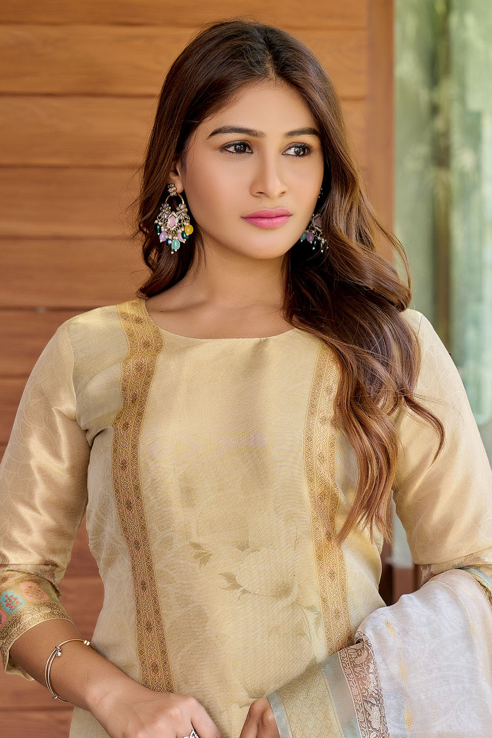 Golden Digital Print Handwork Anarkali Set with Dupatta