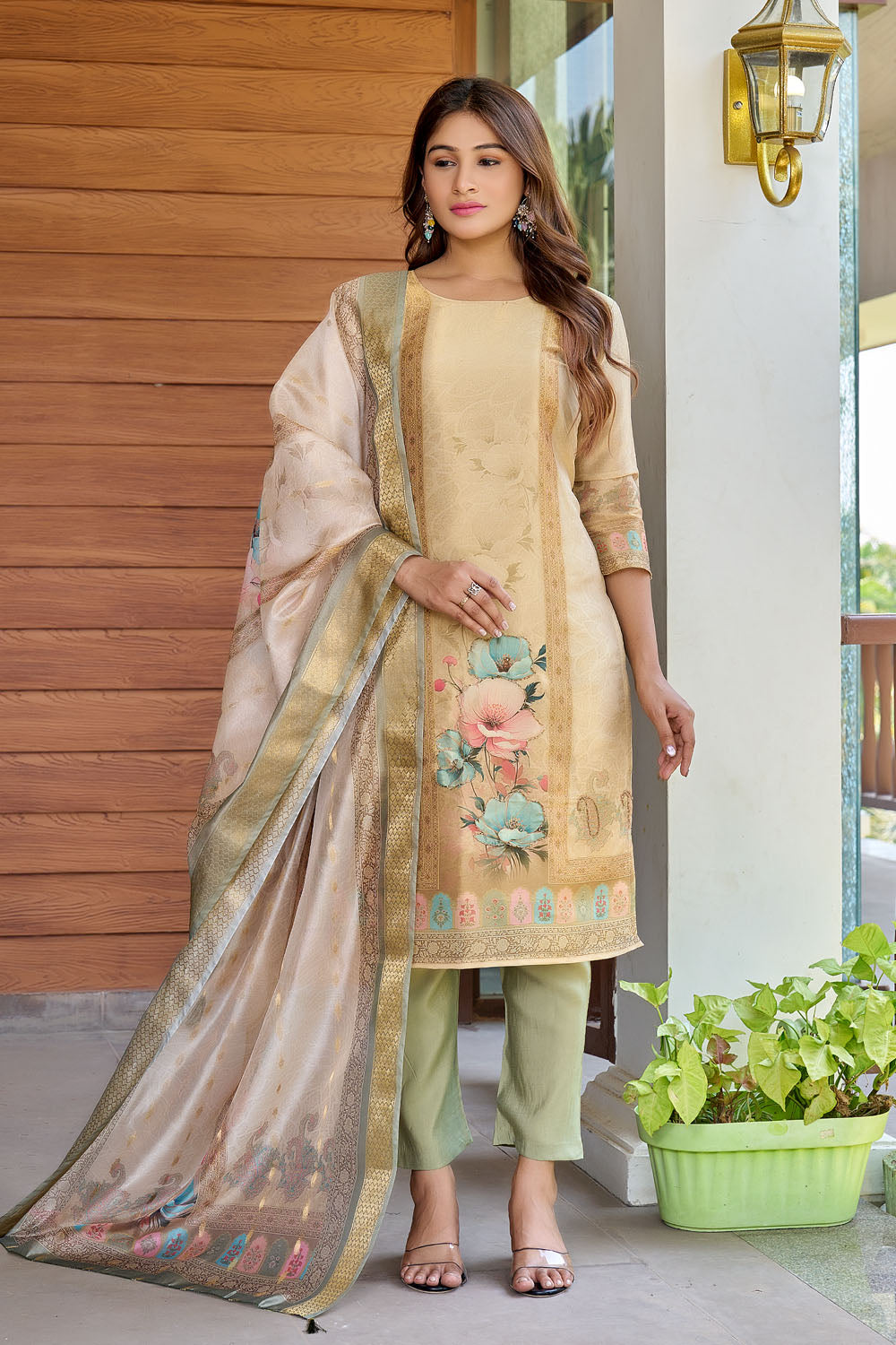 Golden Digital Print Handwork Anarkali Set with Dupatta