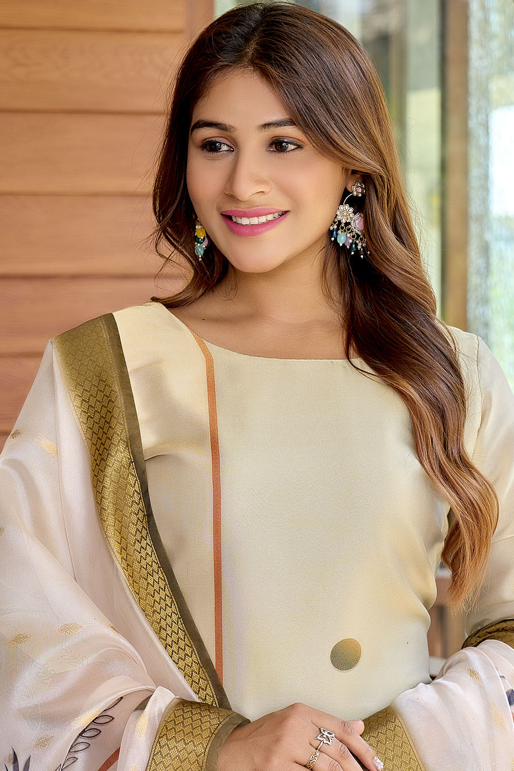 Elegant Off White Golden Motif Anarkali Kurta Set With Dupatta