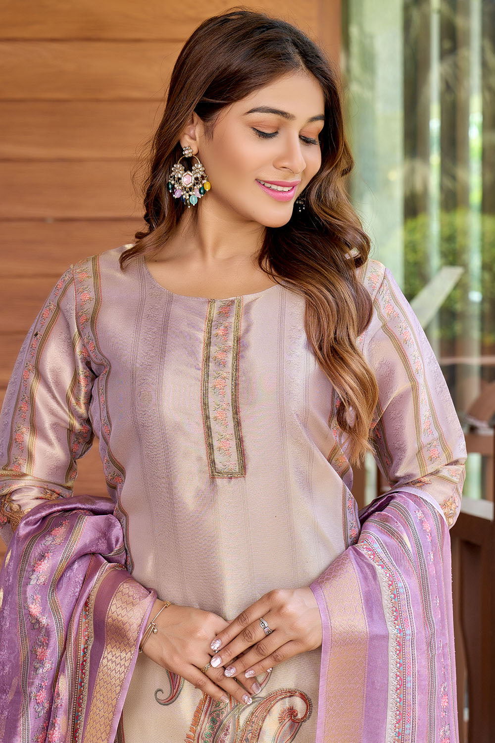 Lavender Embroidered Blended Silk Anarkali Handwork Kurta Set with Dupatta