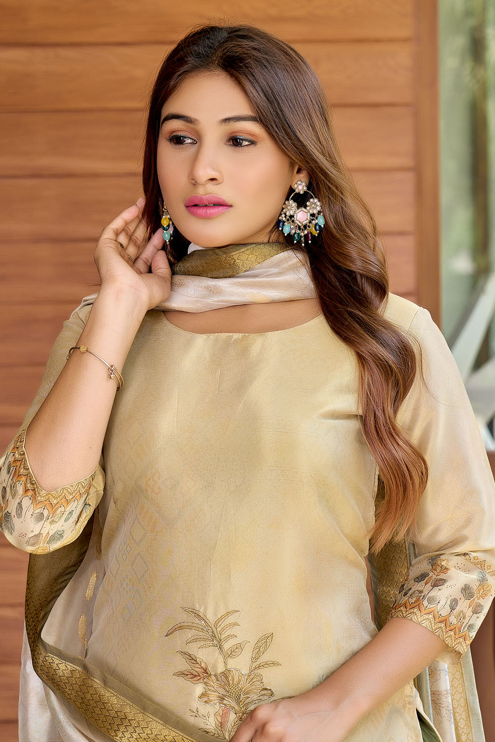 Ethereal Golden Silk Blend Anarkali Set with Handwork Embellishment