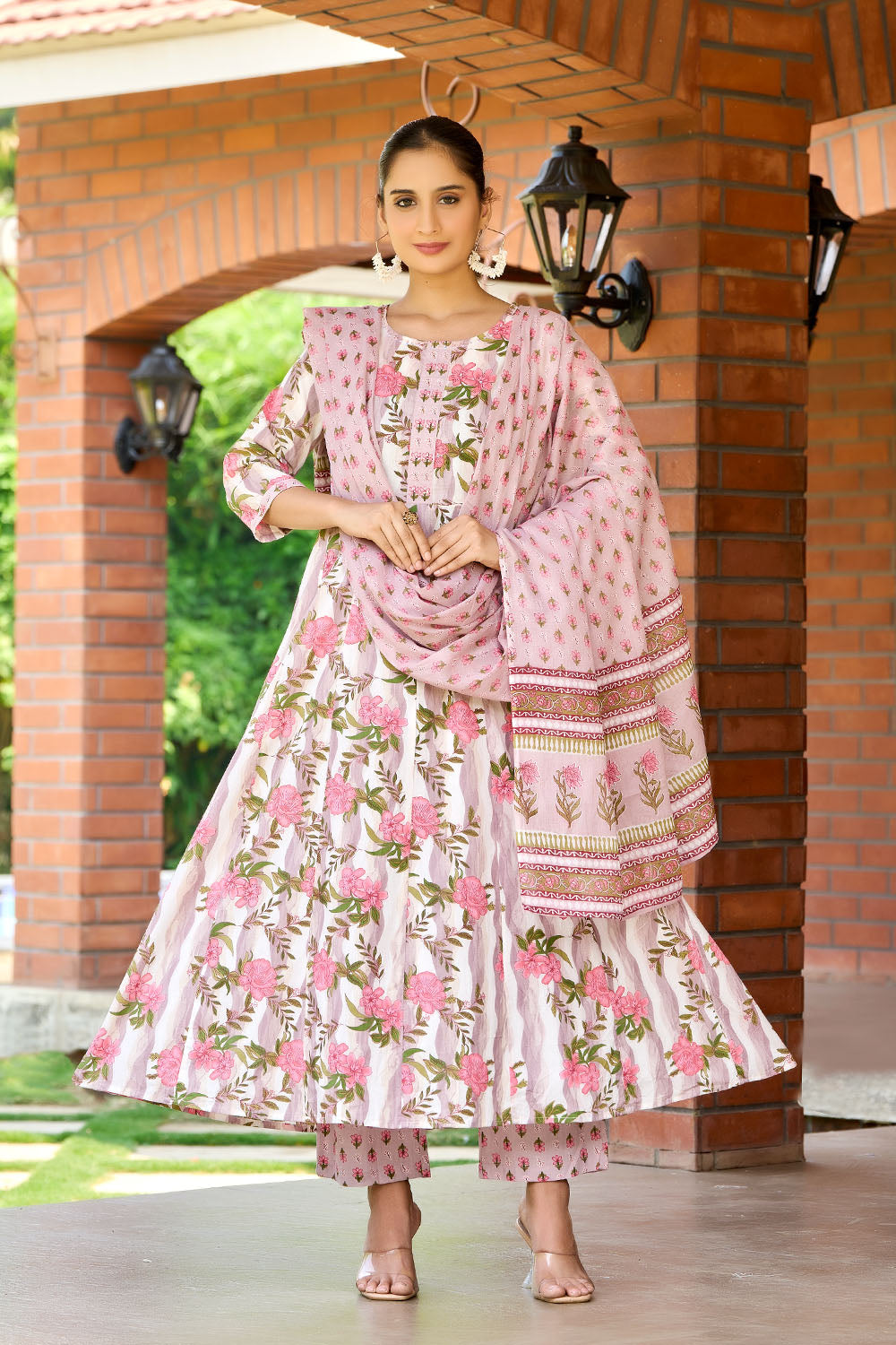 Peach Flora Cotton Anarkali Set with Hand Embellished Dupatta