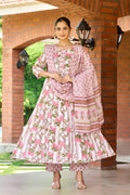 Peach Flora Cotton Anarkali Set with Hand Embellished Dupatta