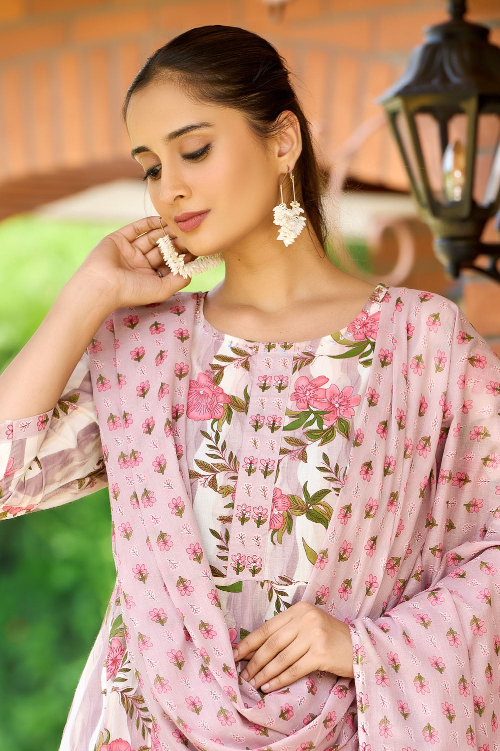Peach Flora Cotton Anarkali Set with Hand Embellished Dupatta