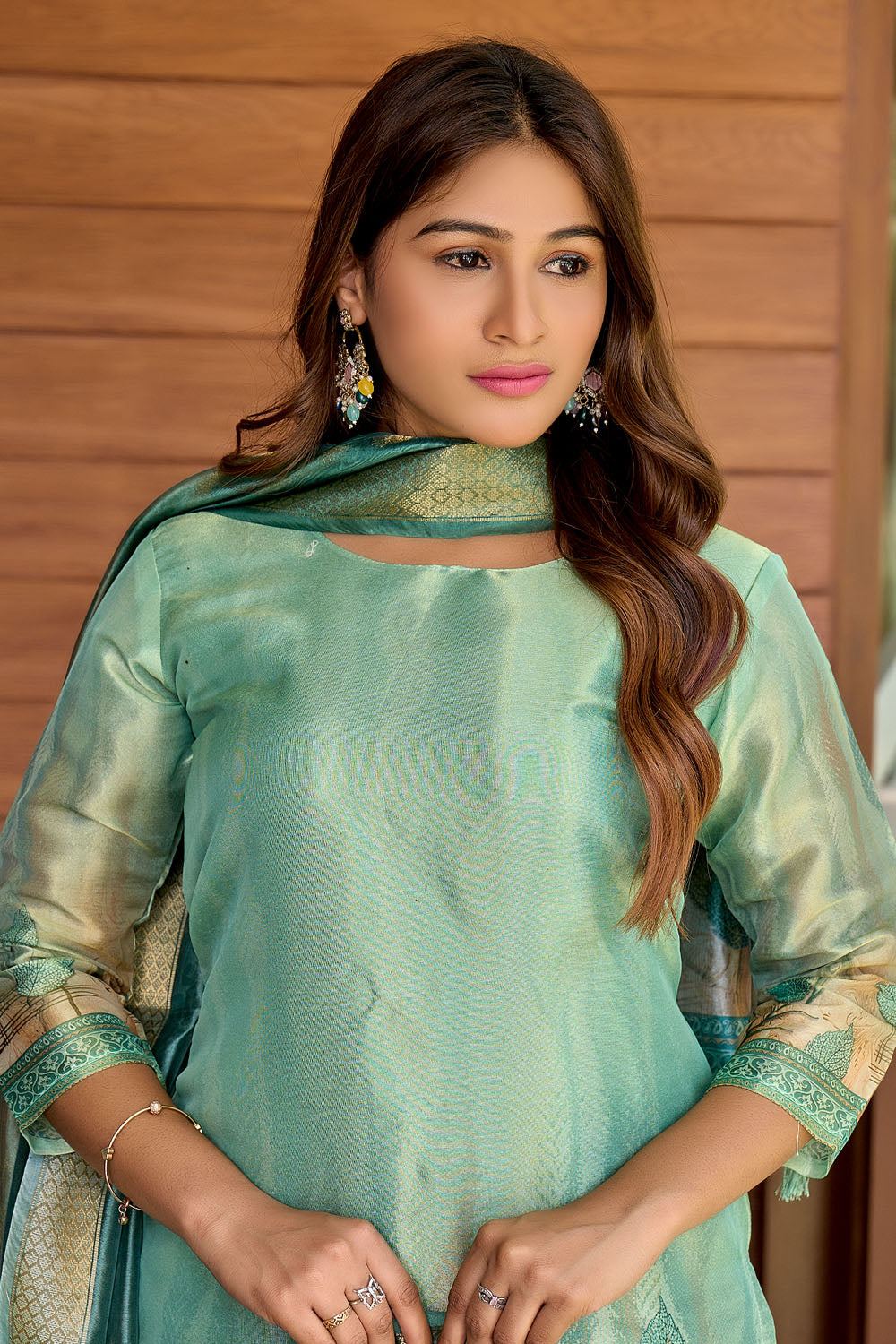 Elegant Mint Green Digital Print Anarkali Handwork Kurta Set with Dupatta