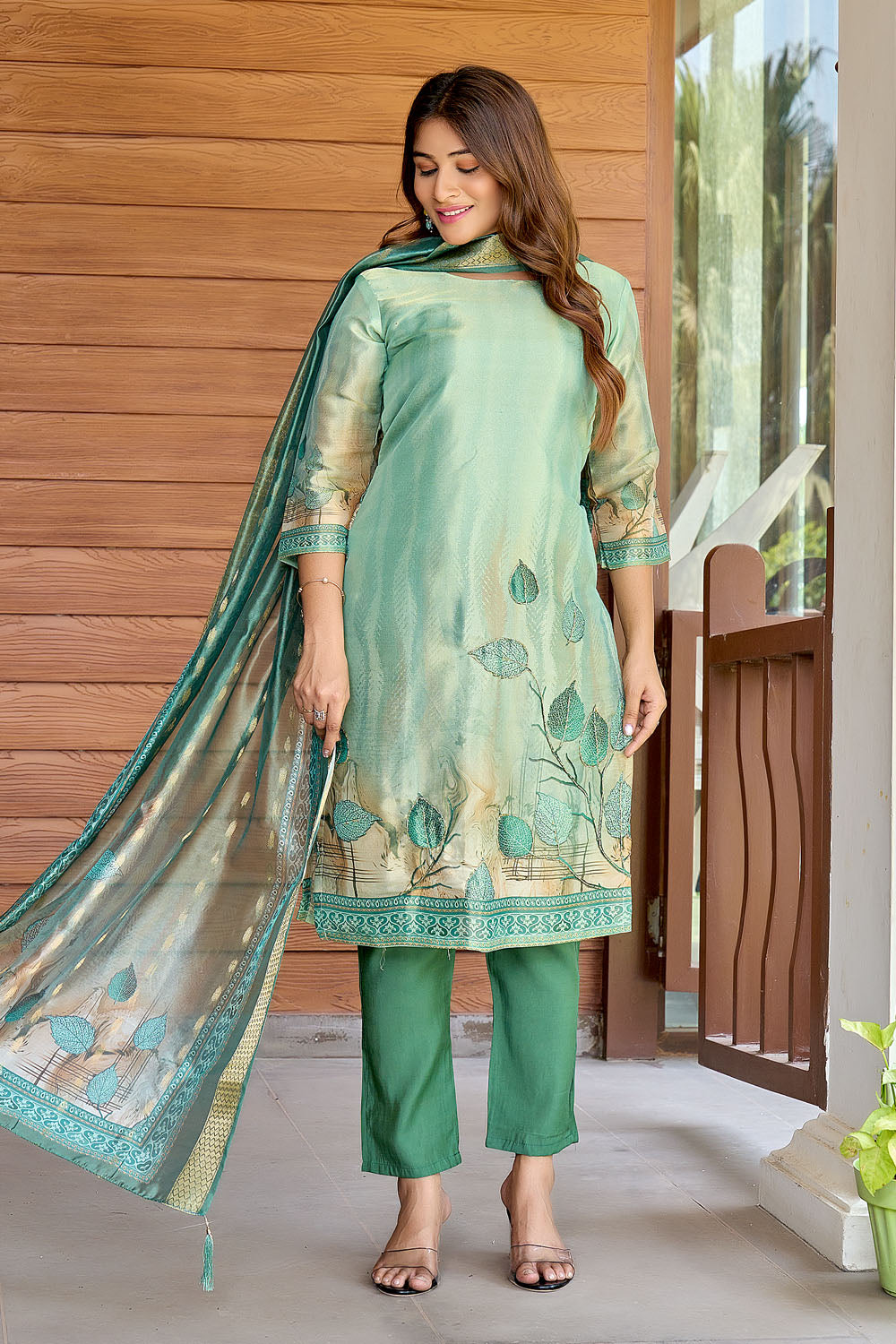 Elegant Mint Green Digital Print Anarkali Handwork Kurta Set with Dupatta