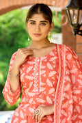Light Apricot Flora Cotton Print Handwork Kurta Set for Women