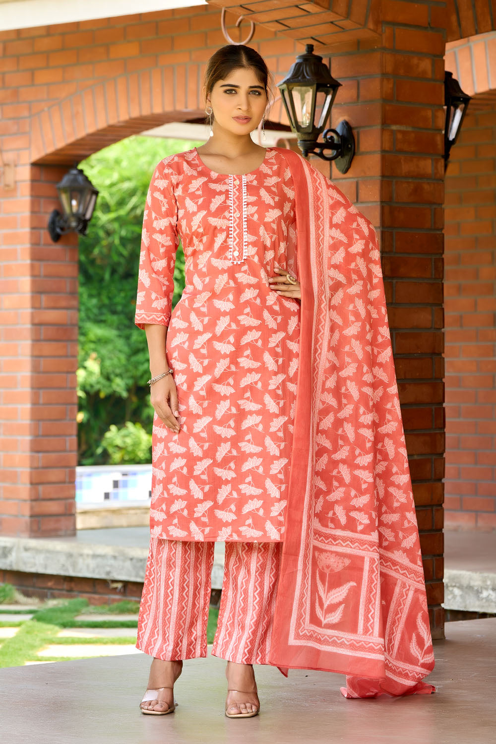 Light Apricot Flora Cotton Print Handwork Kurta Set for Women