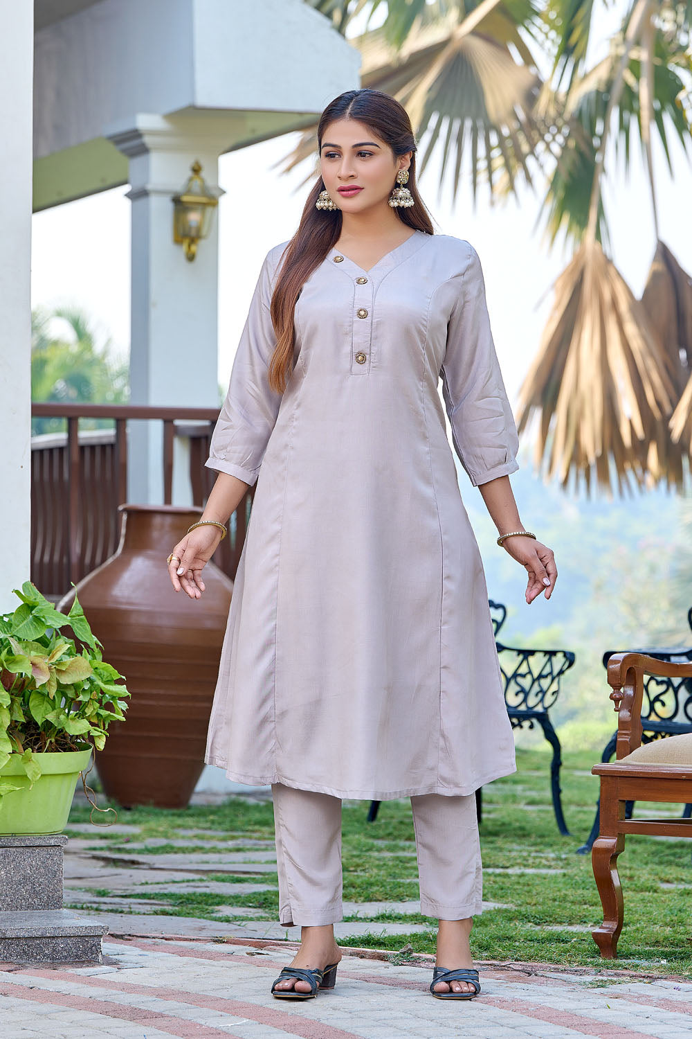 Gray Button Detail Art Silk Co Ord Set